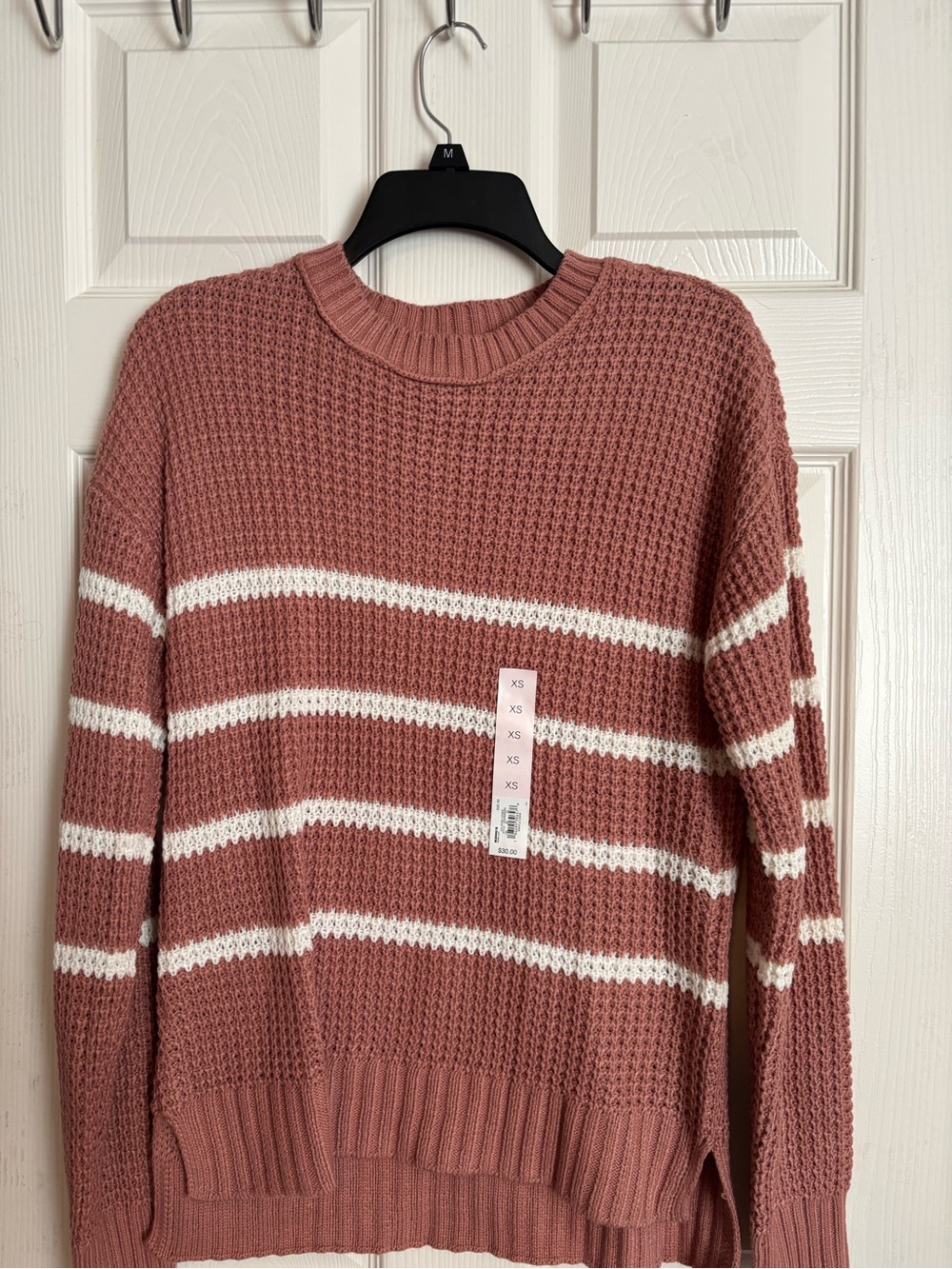SO Dusty Rose & White Striped Waffle-Knit Crewneck Sweater